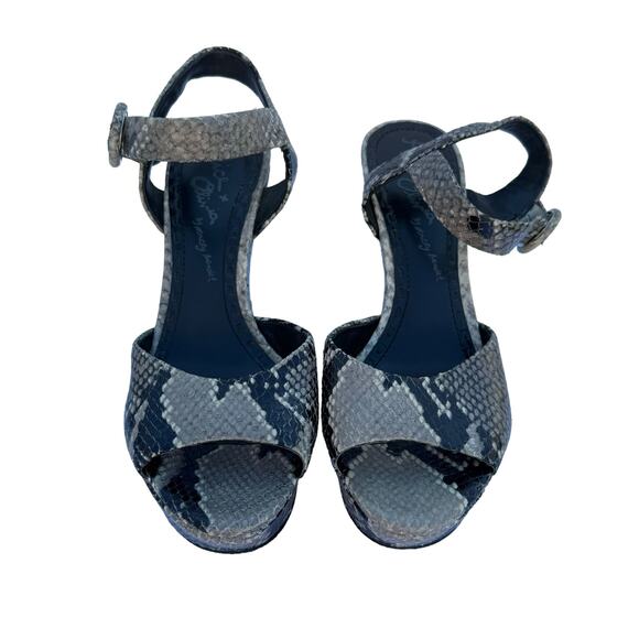 Alice + Olivia Jana Gray Black Snake Skin Leather Open Toe Wedge Sandals Size 39 - Picture 2 of 11
